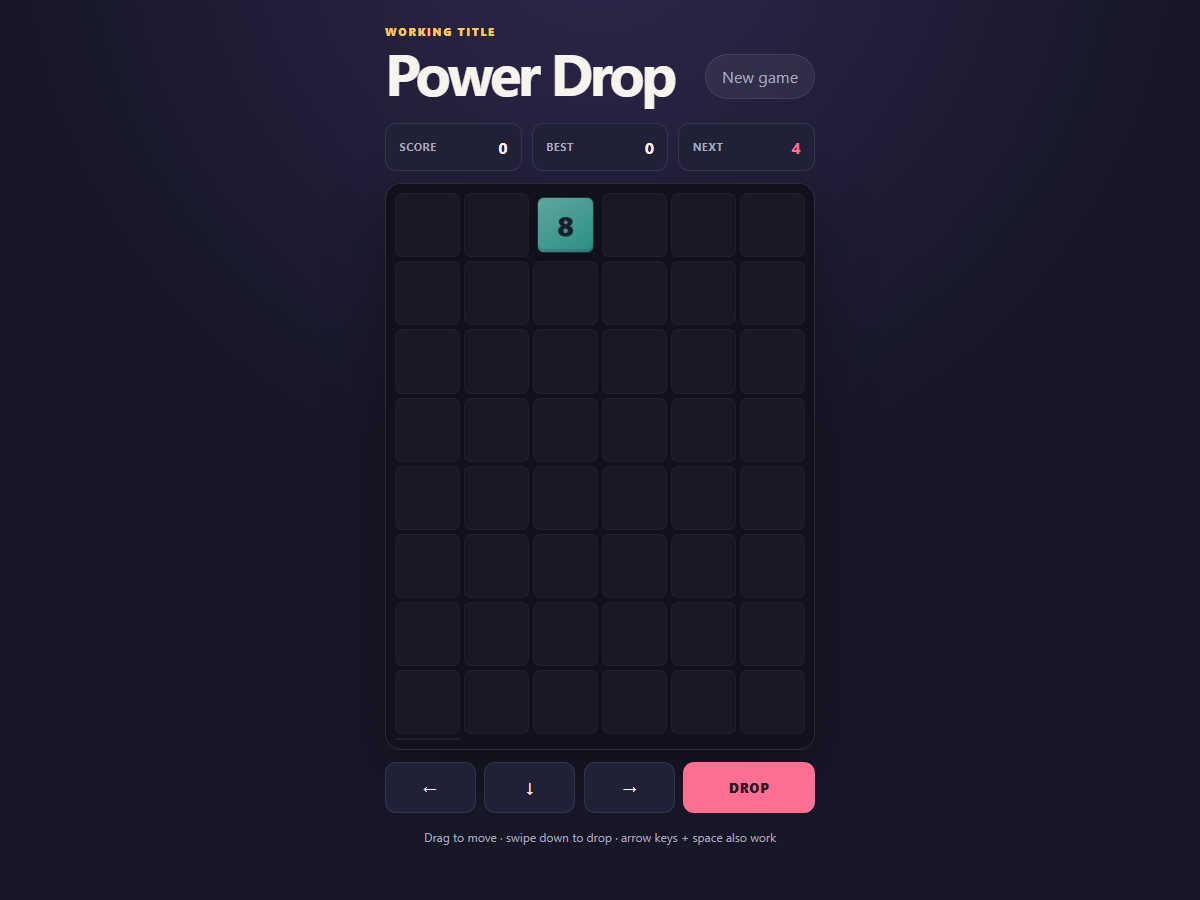 Power Drop, a falling-number game with a six-column grid